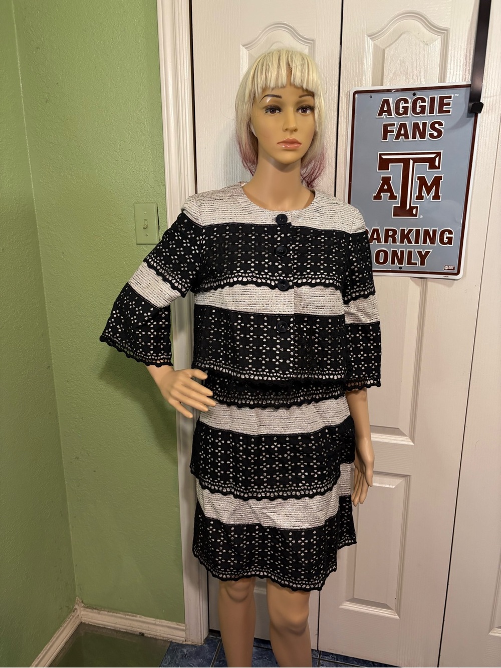 Beth Bowley Black and White Striped Eyelet Midi Dres Suit Women